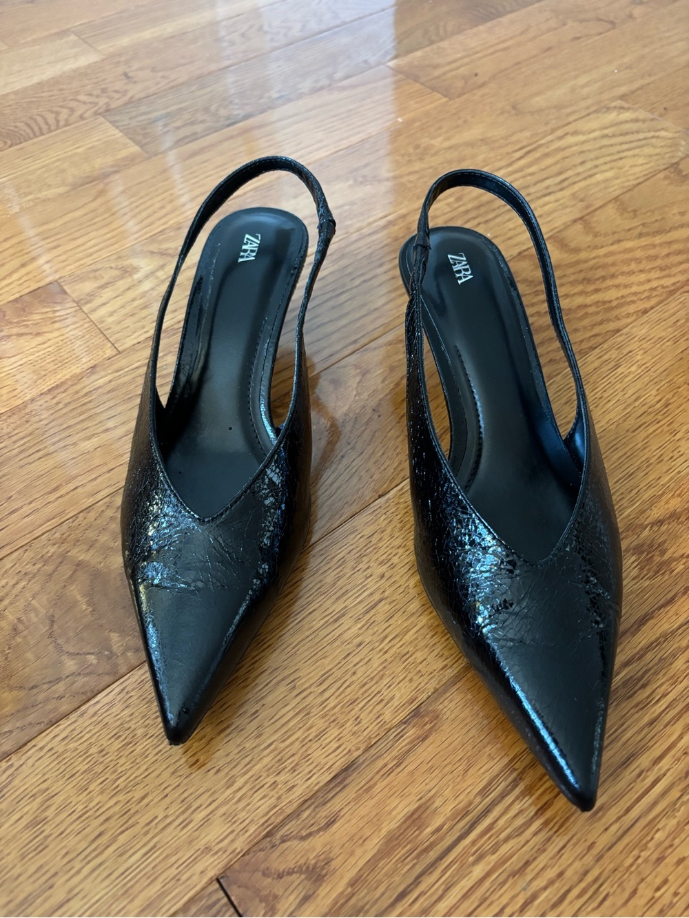 Zara Black Pointed Slingback Heels with Shiny Finish